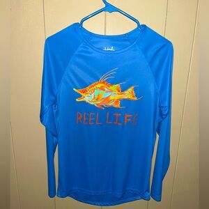 Reel Life Womens Long Sleeve Rash Guard UPF 50+ Blue Medium Fish Boat Beach